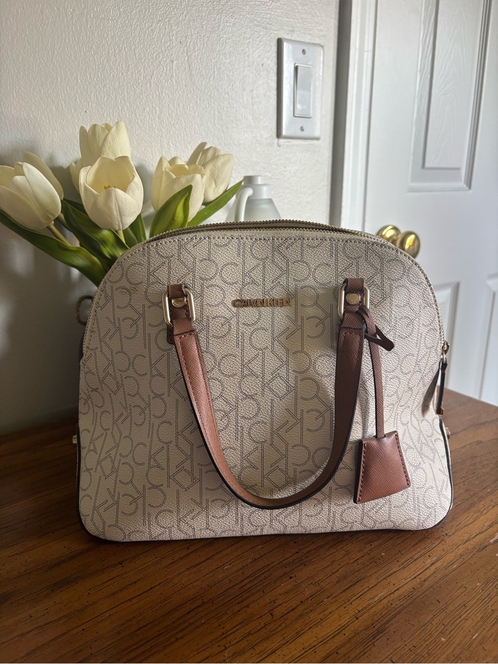 Calvin Klein Cream Monogram Satchel with Brown Trim